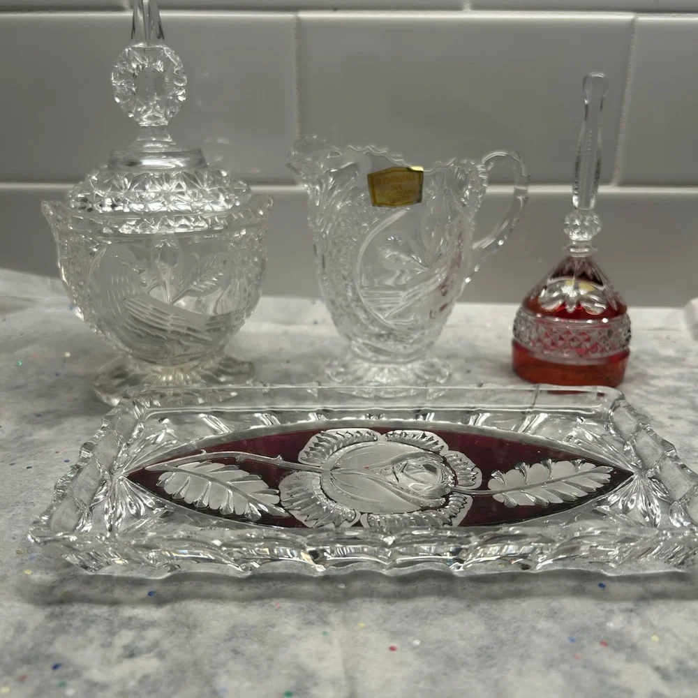 Rare Vintage Crystal Vanity Tea Set with Red Rose and Bird Accent.